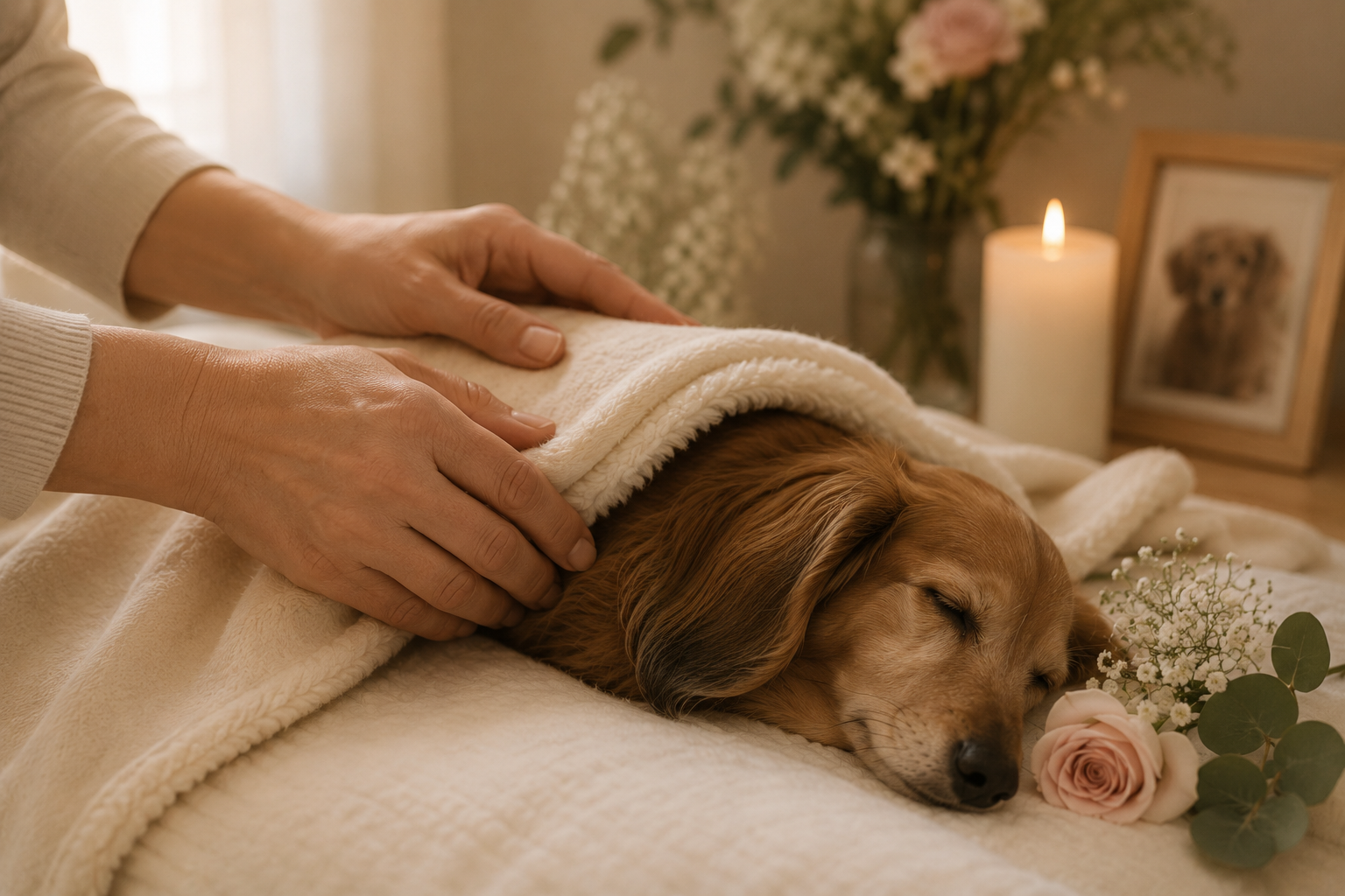 Person giving a gentle massage to a sleeping golden retriever covered with a soft blanket, with flowers, a candle, and a framed photo of a dog in the background.