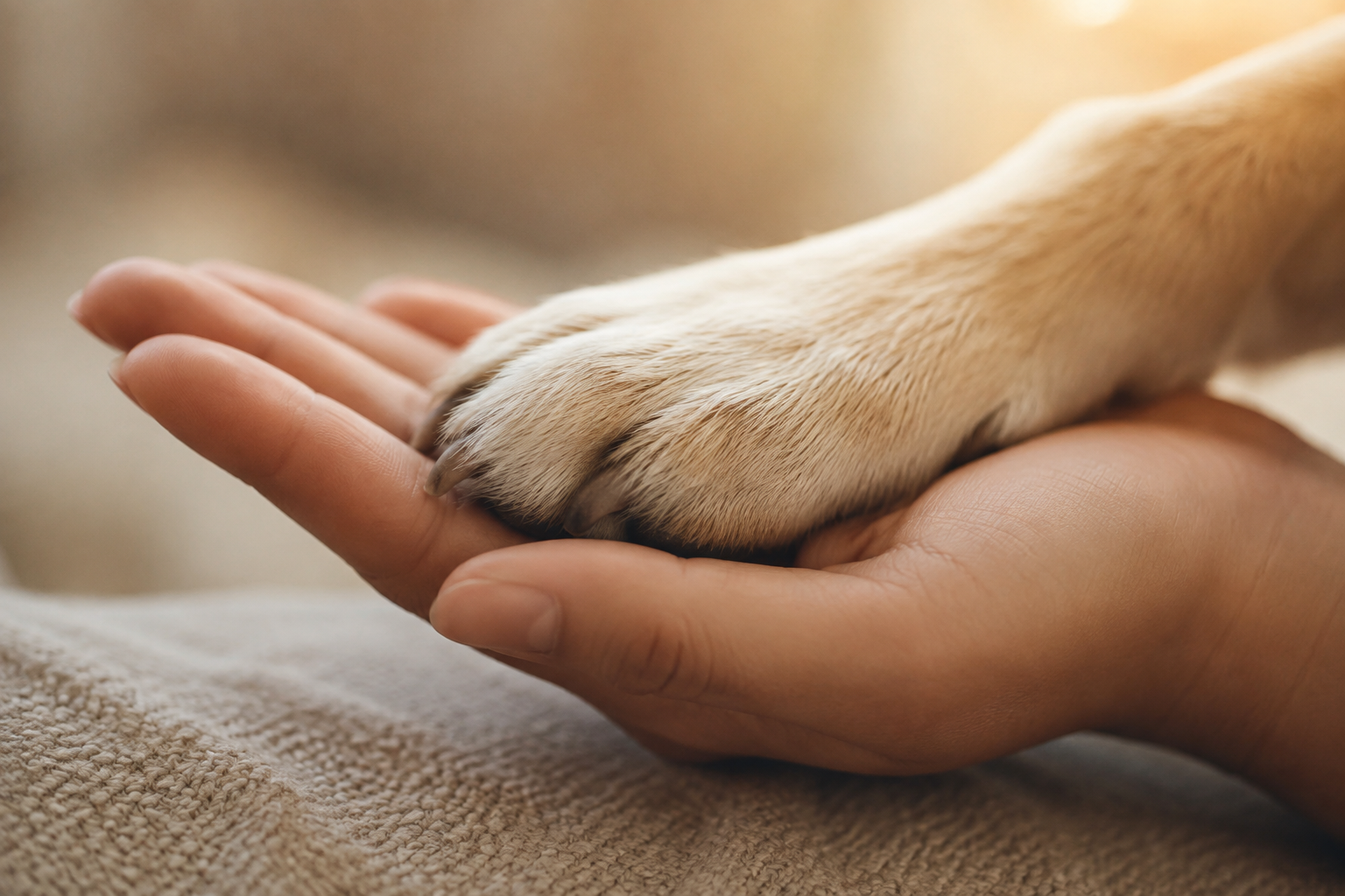 A human hand holding a dog's paw.