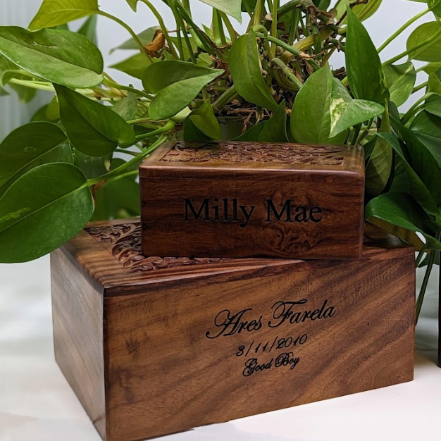 Wooden memorial box with engraved names and date, surrounded by green leafy plants.