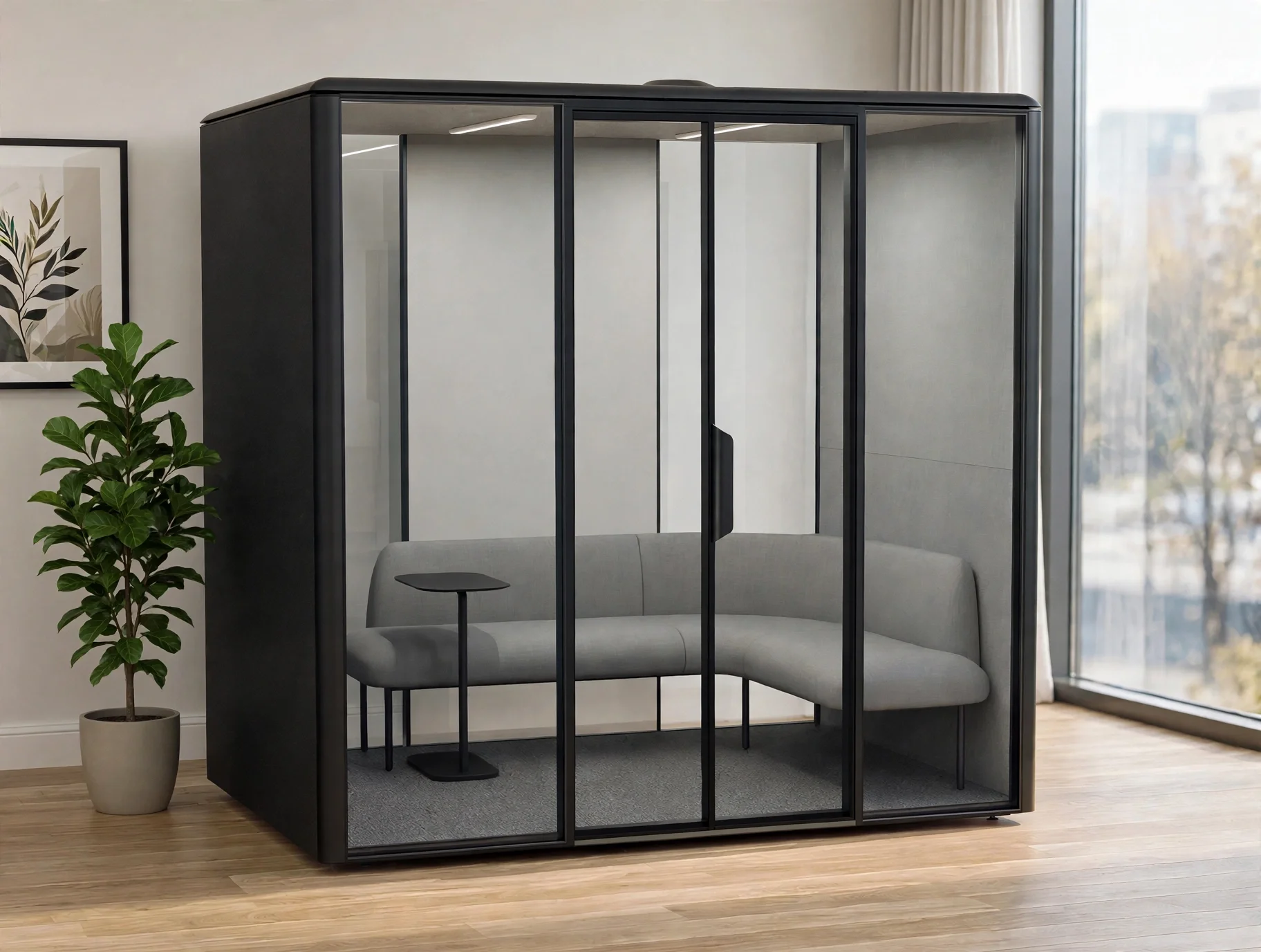 GoPod Atom Collaborative Lounge Pod with L-shaped grey sofa and laptop table