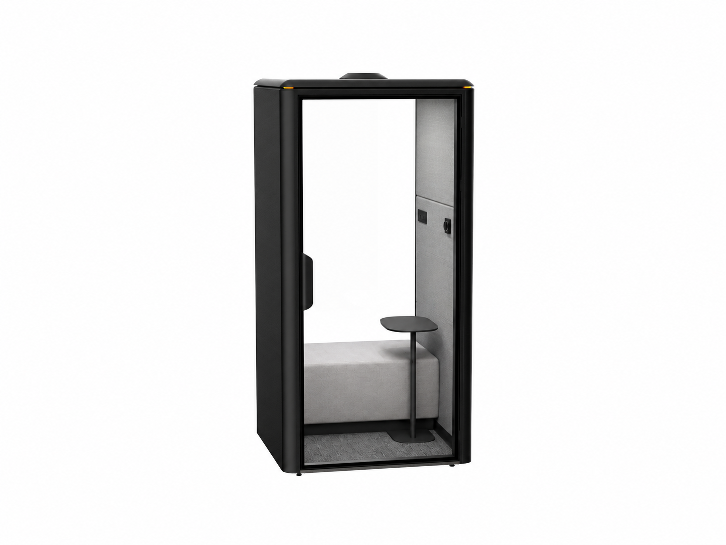 Atom Single bench acoustic phone booth, black exterior and grey seating, British Columbia