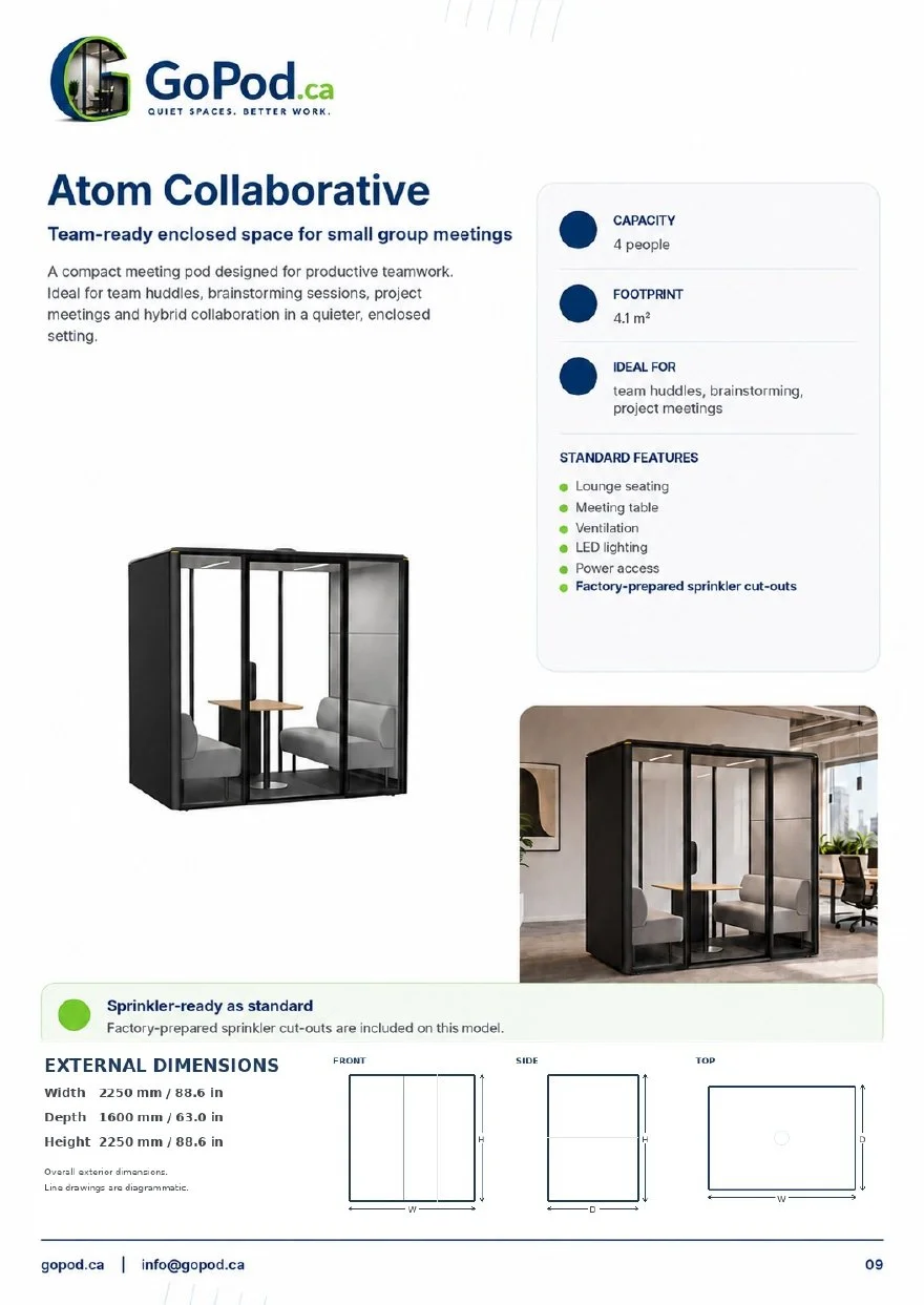 Atom Collaborative four-person acoustic meeting pod brochure
