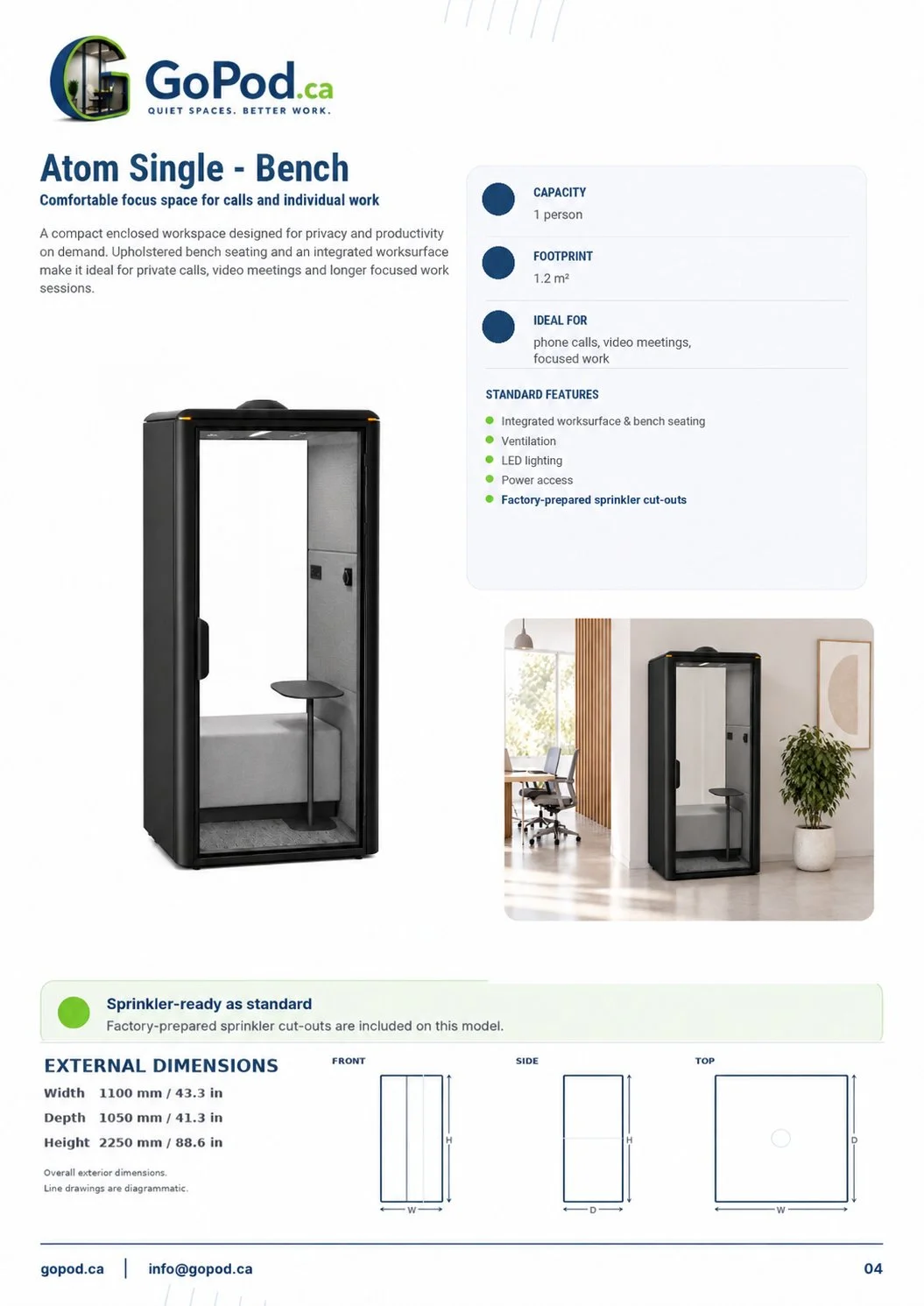 Atom Single acoustic office pod with bench seating in a modern office - Brochure