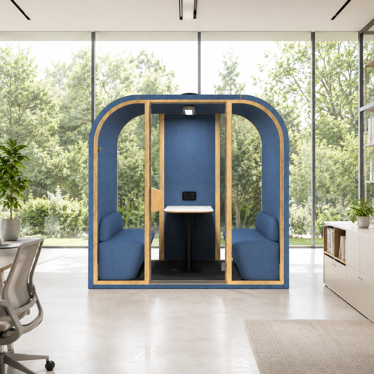 GoPod semi-private workspace booth with blue cushioned seats and wood framing in a bright BC office