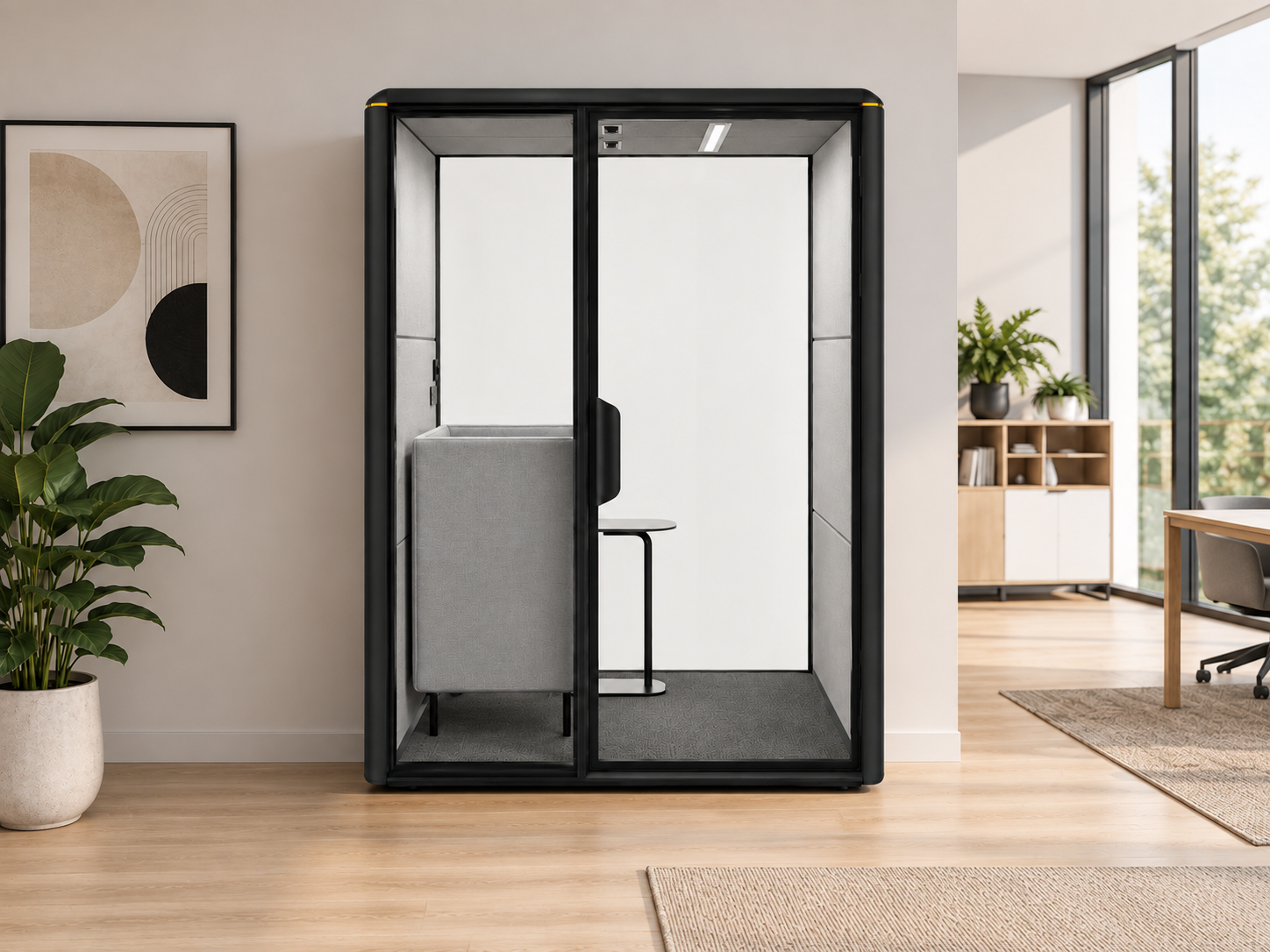 Grey enclosed GoPod acoustic pod in a modern office with abstract art and large windows overlooking forest