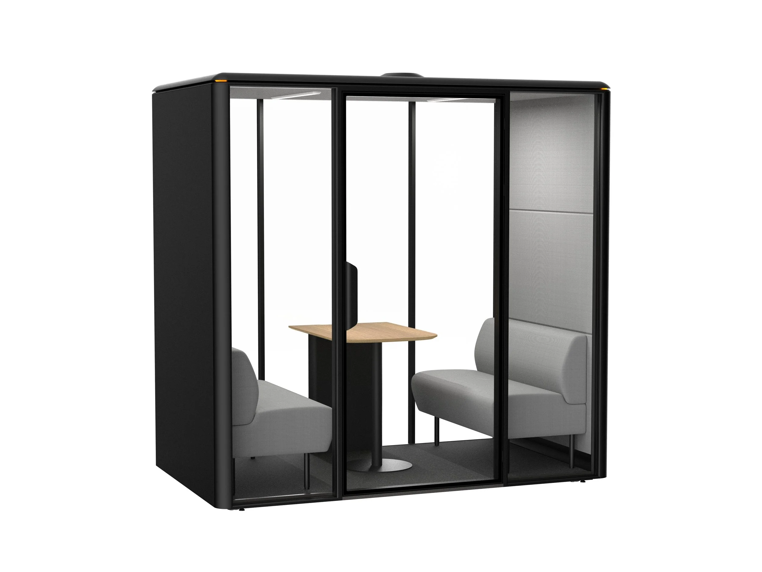 Two-person acoustic office pod with upholstered seating and meeting table