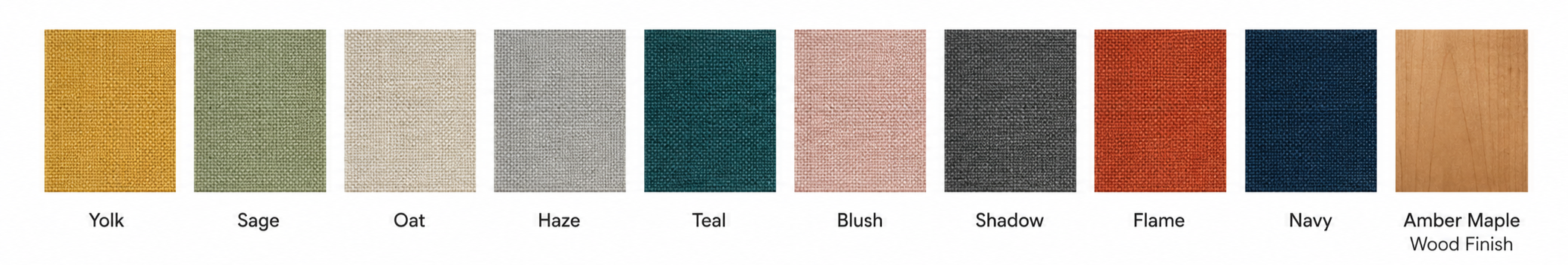 Colour swatches for Arc Quad pods: Yolk, Sage, Oat, Haze, Teal, Blush, Shadow, Flame, Navy, Amber Maple and wood finish