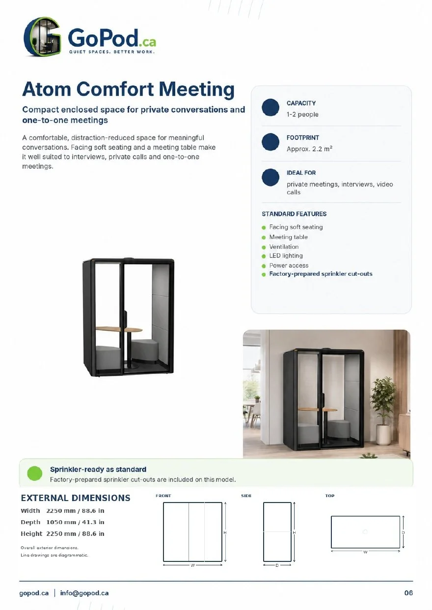 Atom Comfort Meeting two-person acoustic office pod brochure