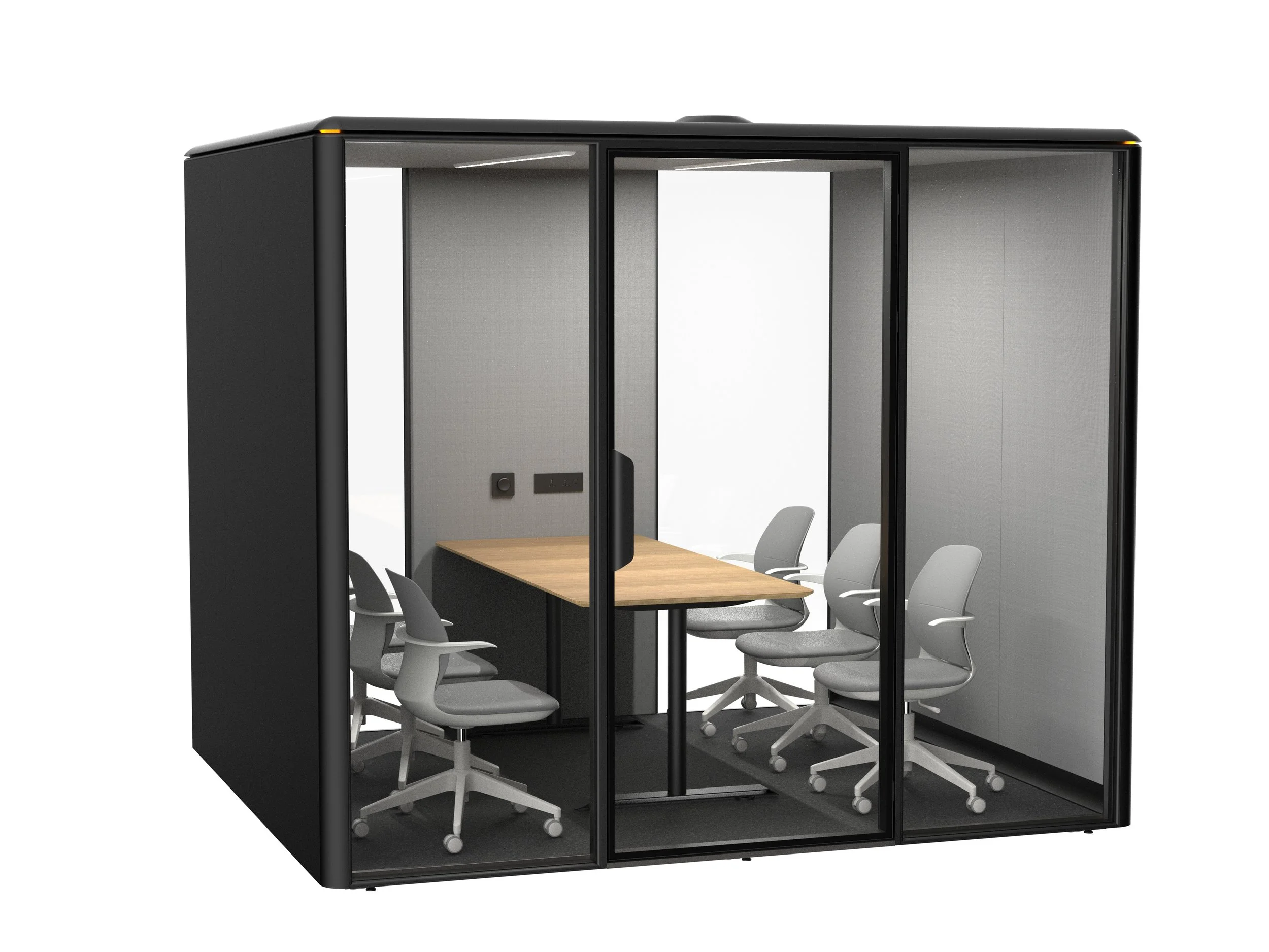 GoPod Atom glass meeting pod with conference table and office chairs for private workplace collaboration.