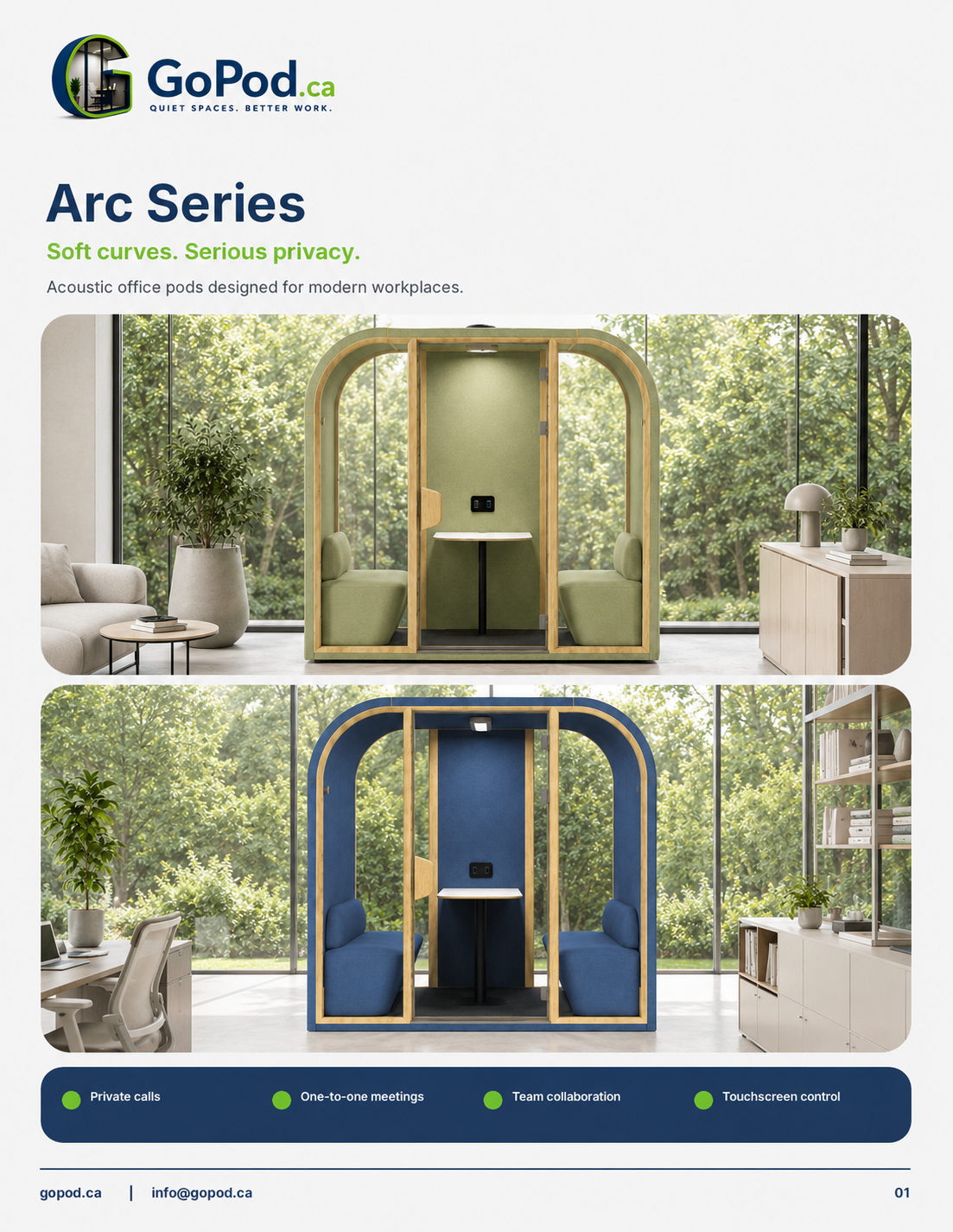 Two modern office pods with soft curves, one green with rounded arches and one blue with rounded arches, designed for privacy and quiet work in a modern office space.