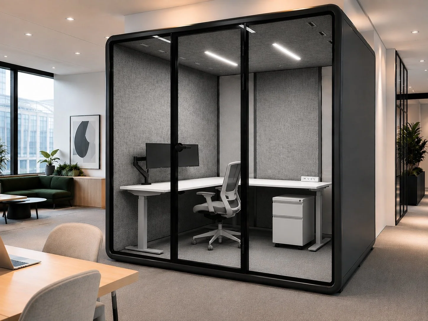 GoPod.ca modular private office with workstation and ergonomic seating for commercial workplaces in British Columbia.