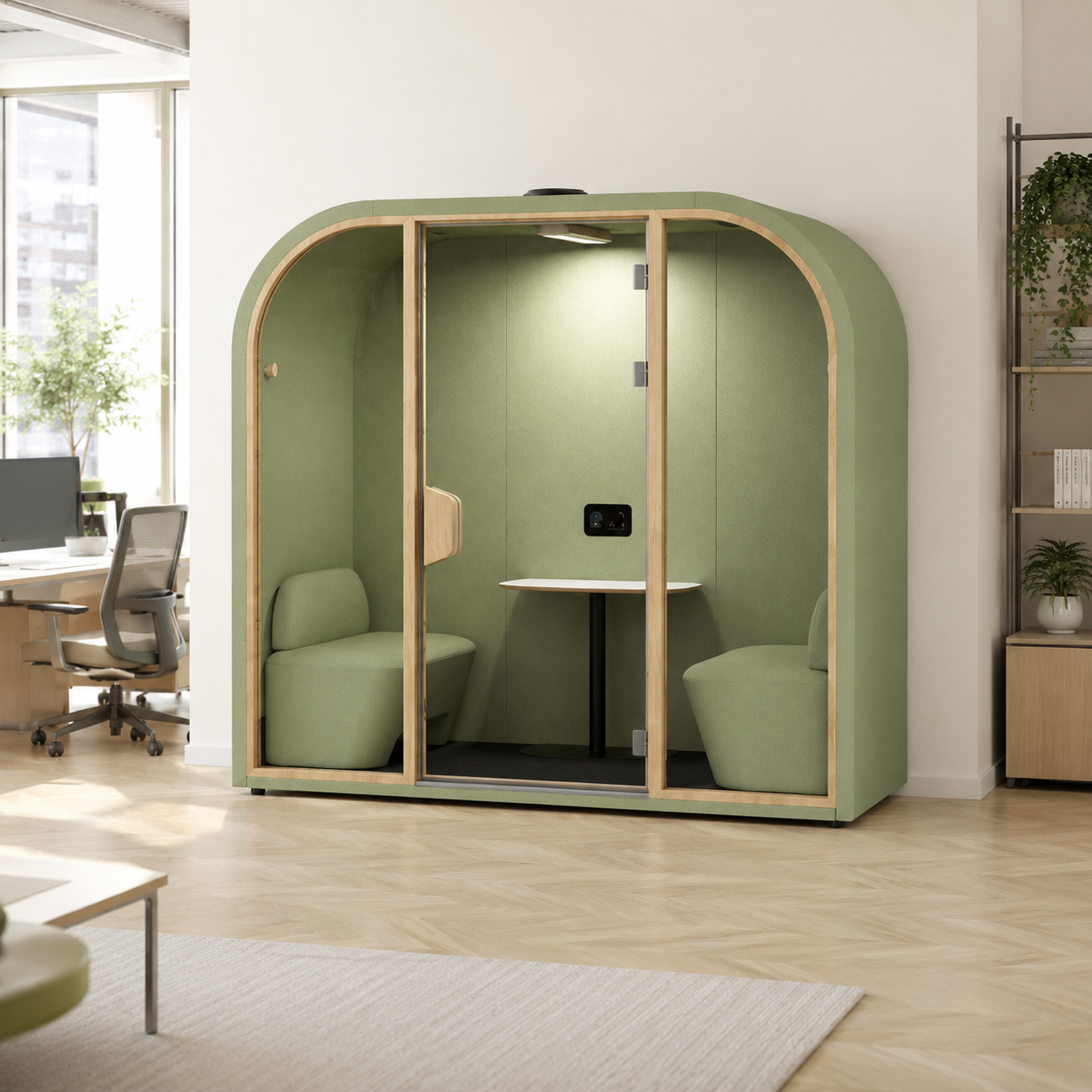 A modern, green, semi-enclosed meeting pod with two green cushioned seats and a small round table inside, located in an office space with large windows and light wood flooring.