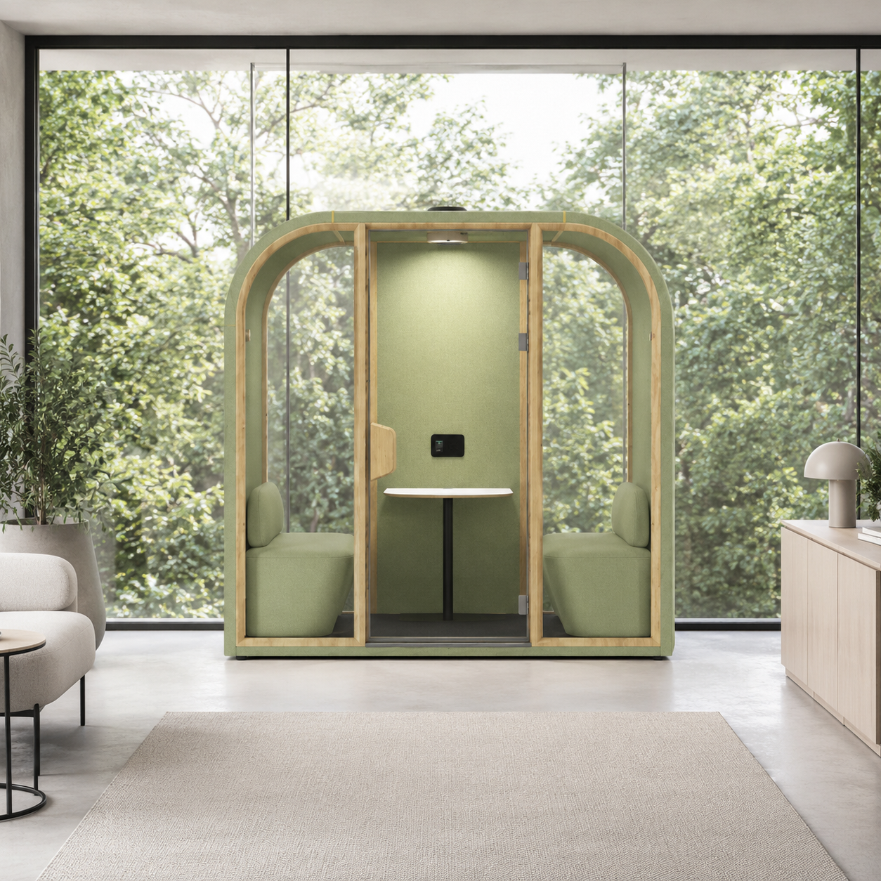 Green semi-enclosed GoPod meeting booth with a small table and two cushioned seats beside glass windows