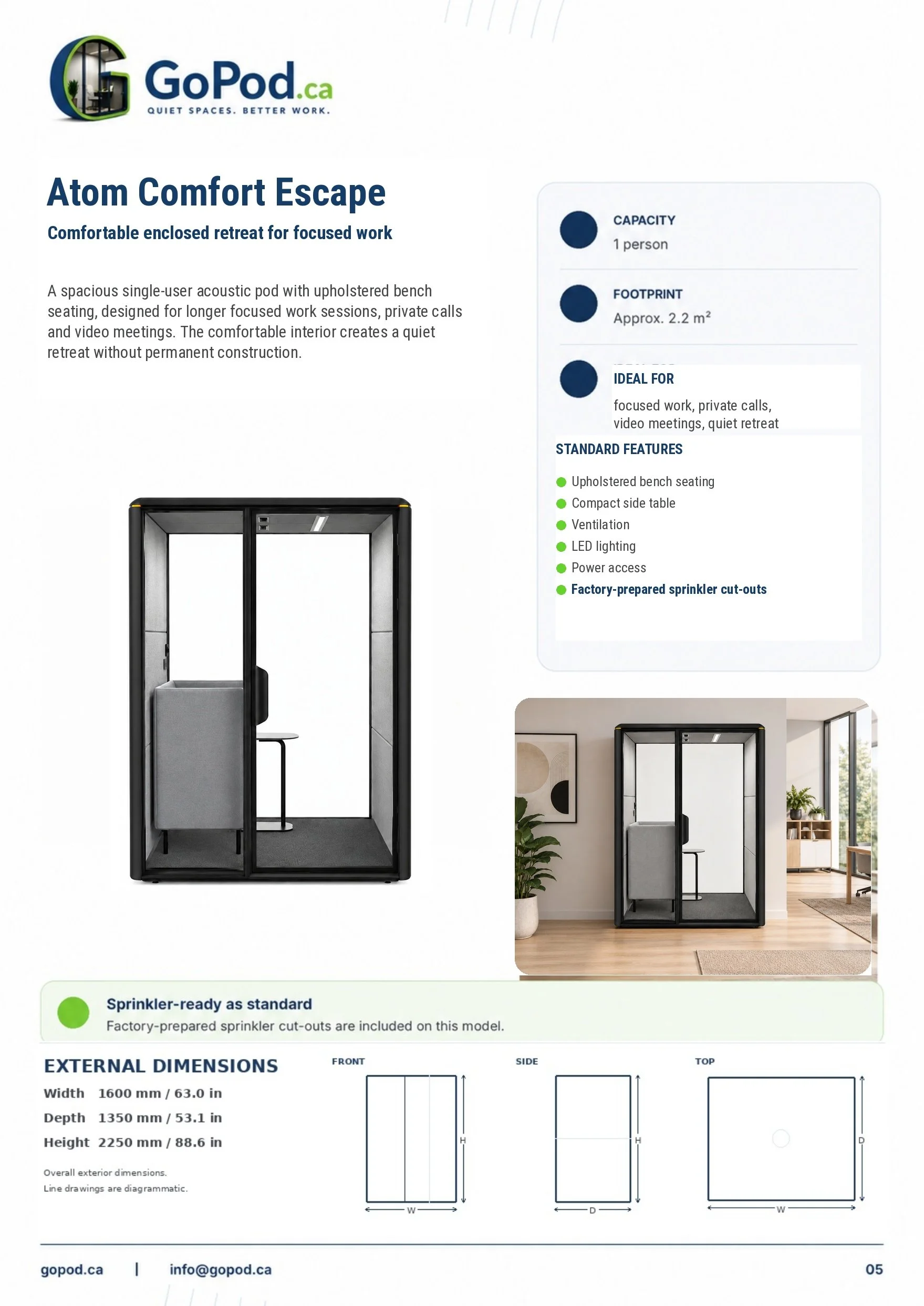 Atom Comfort Escape acoustic office pod with comfortable lounge seating in a modern office