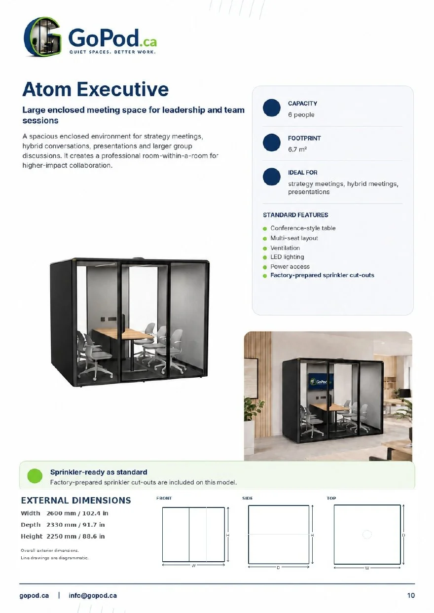 Atom Executive six-person acoustic meeting pod brochure with specifications