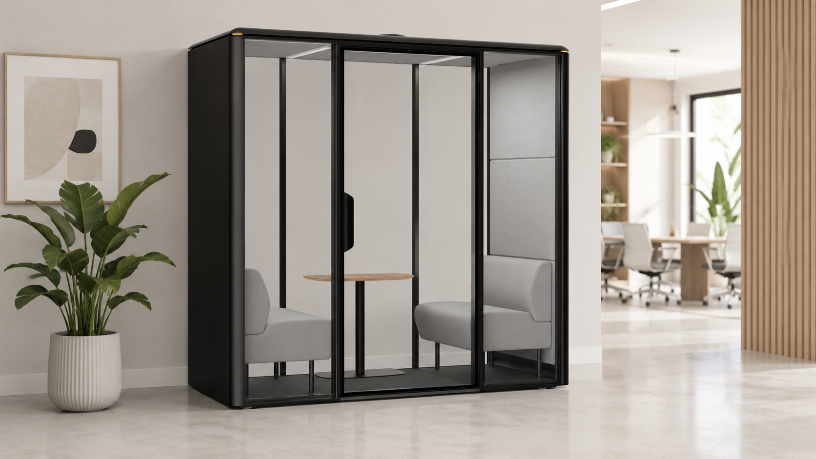 Soundproof Atom Double two-person acoustic office pod in a bright modern office