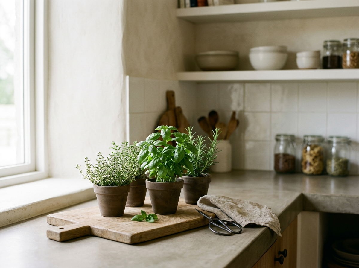 Indoor kitchen windowsill with potted herbs, including basil, thyme, and rosemary, on a wooden cutting board next to scissors and a cloth towel.