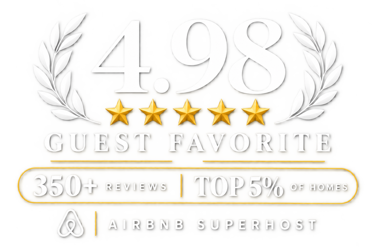 Pinecrest guest review badge showing a 4.98 rating, five stars, 350+ reviews, top 5% of homes, and Airbnb Superhost status.