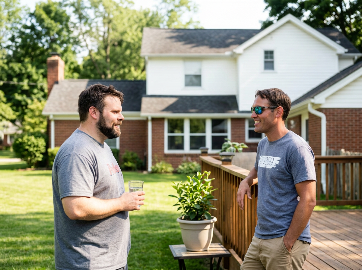 Two men standing outdoors on a wooden deck, engaged in conversation, with a house and green trees in the background. One man is holding a glass.