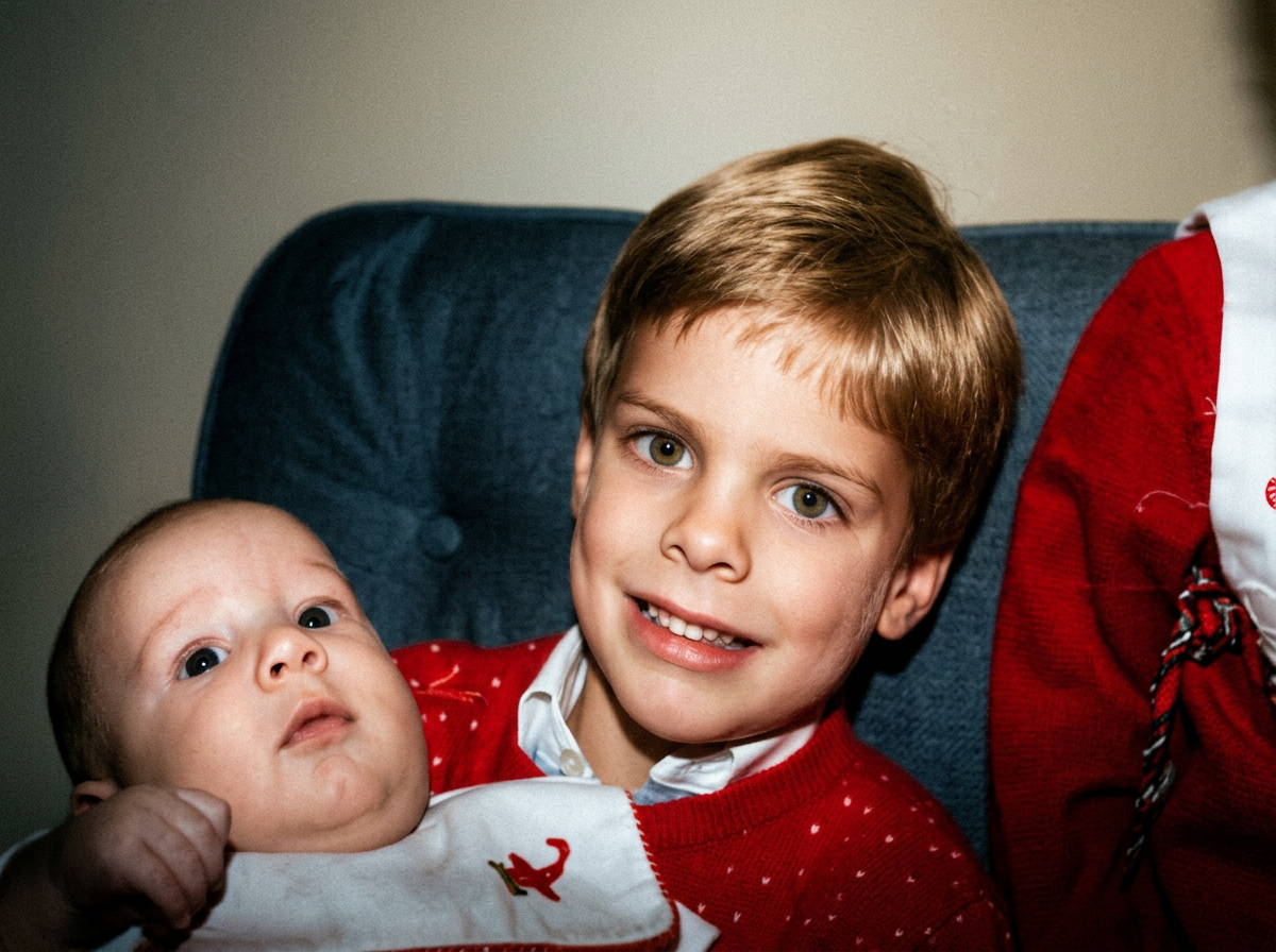A young boy holding a baby, both dressed in red holiday sweaters, sitting on a blue couch indoors.