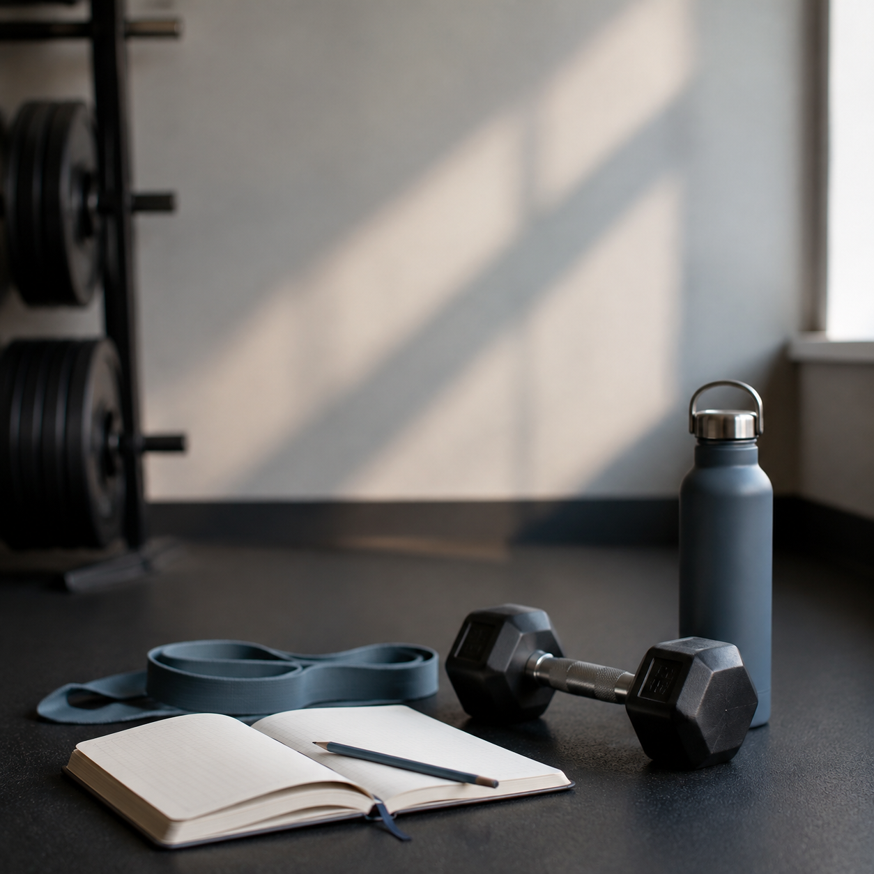 Workout equipment on a gym floor including a water bottle, black dumbbells, resistance bands, an open notebook, and a pen, with weights mounted on a wall in the background and sunlight streaming through a window.
