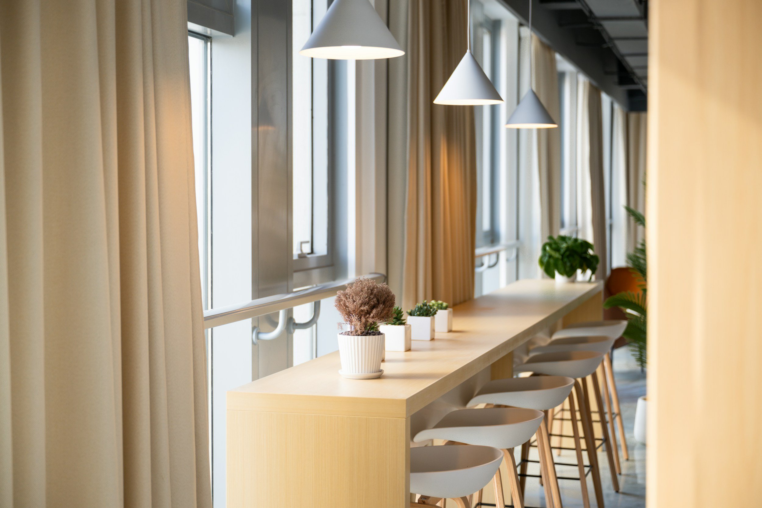 A sunlit indoor space with a long wooden counter lined with white bar stools. Small potted plants are arranged on the counter, with cream-colored curtains on windows in the background. Three white cone-shaped pendant lights hang above.