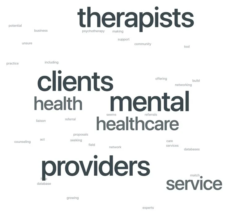 A word cloud featuring terms related to mental health therapy, including 'therapists,' 'clients,' 'mental,' 'healthcare,' 'providers,' and 'service,' with smaller words like 'referral,' 'network,' 'support,' and 'treatment.'