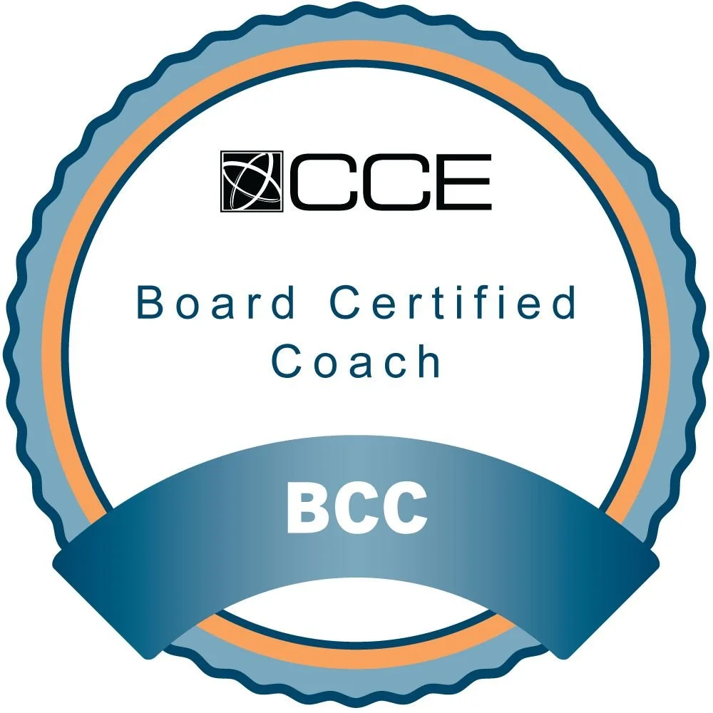 Certification badge with a blue and orange border stating 'Board Certified Coach' and 'BCC,' with the CC logo at the top.