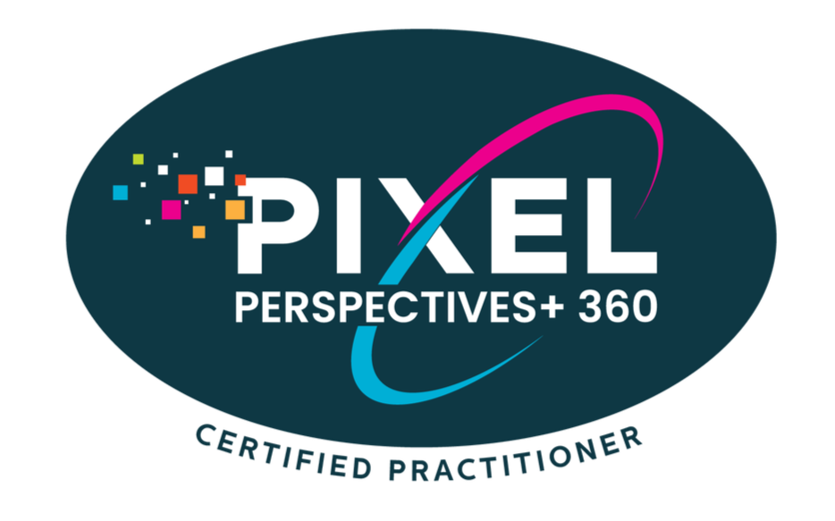 Pixel Perspectives+ 360 Certified Practitioner logo with a dark oval background, colorful pixel squares, and curved swooshes in pink and blue.