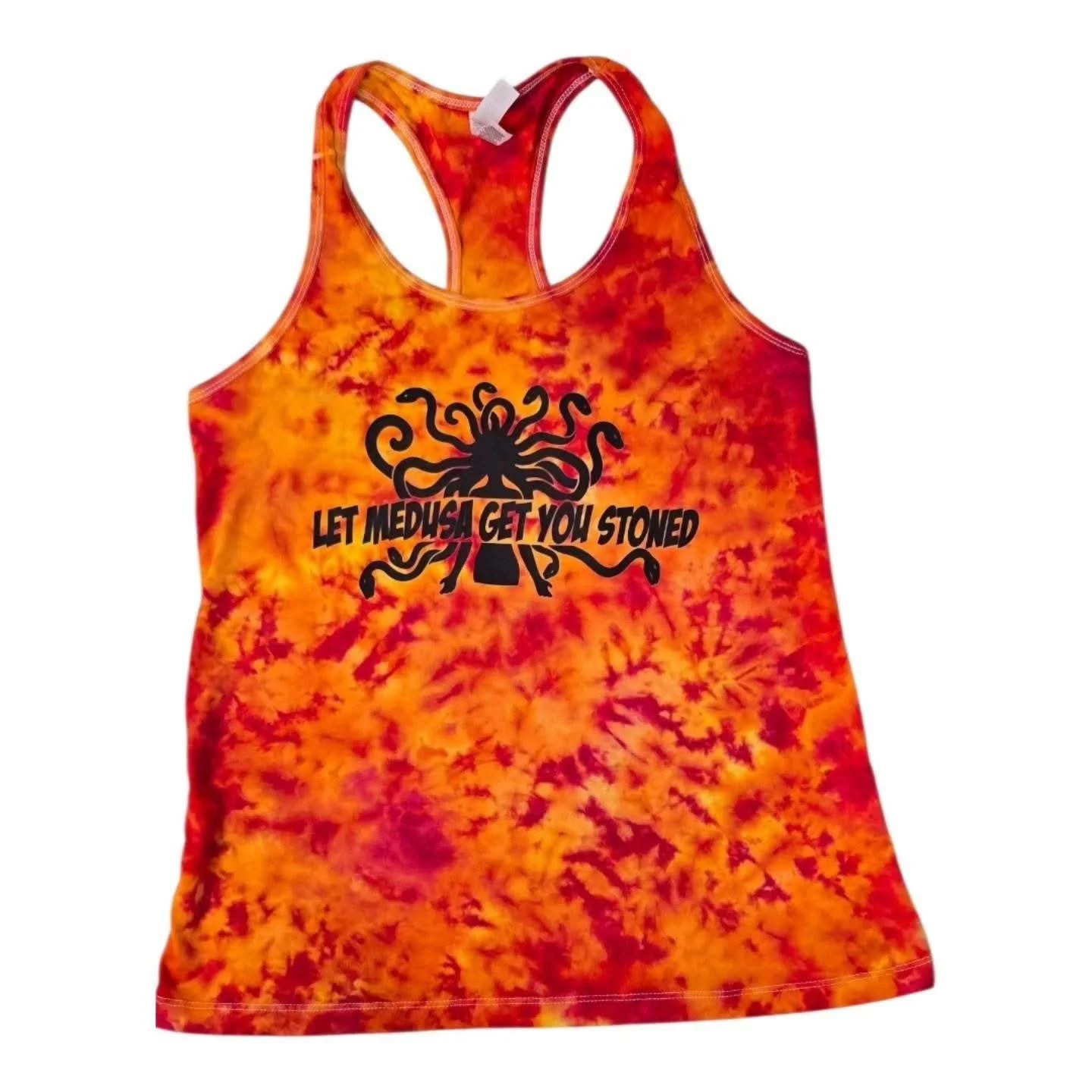 Orange and red tie-dye tank top with a black graphic of Medusa and the text "Let Medusa Get You Stoned".