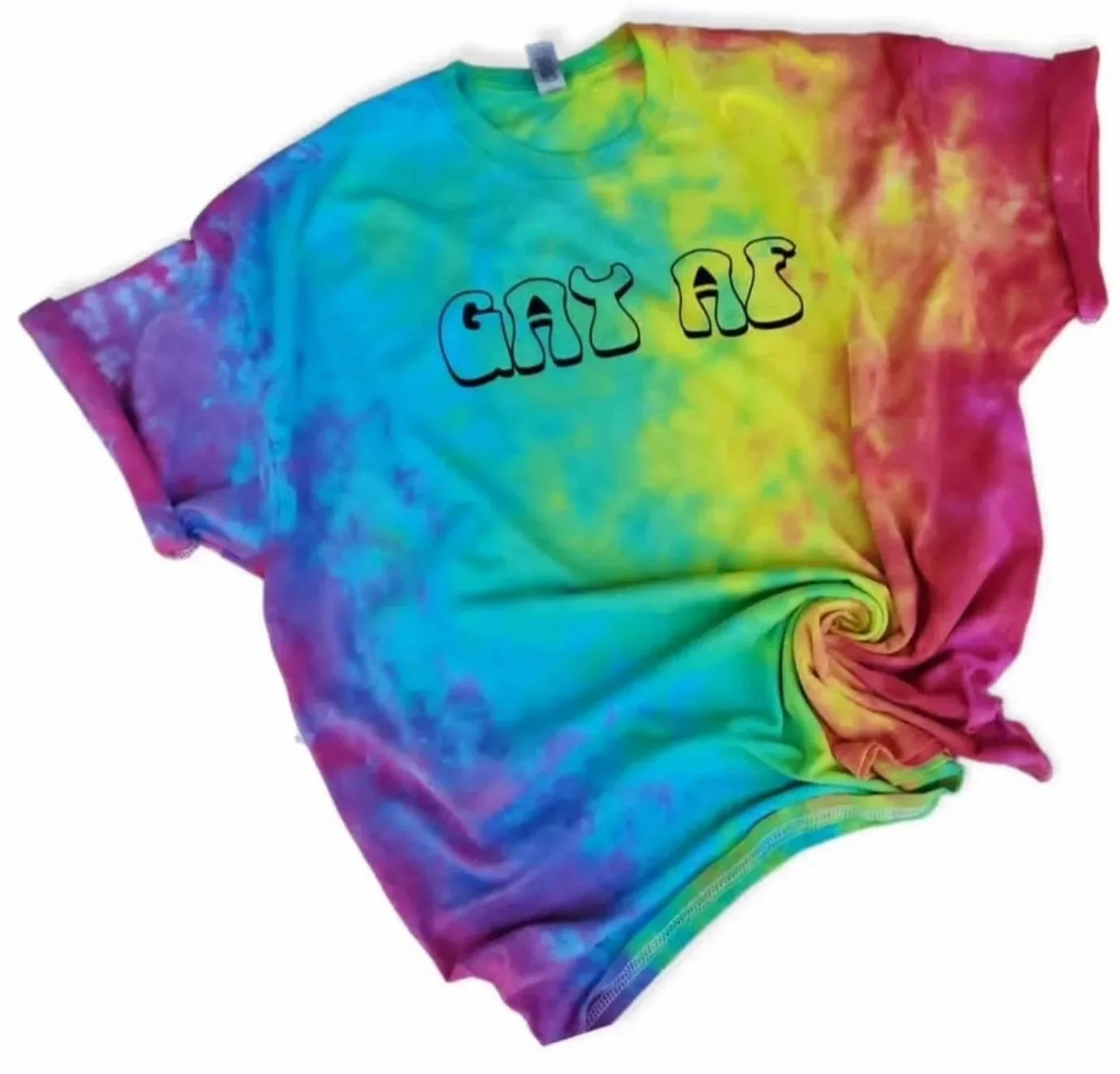 A rainbow tie-dye t-shirt with the words 'GAY ALL' in black outlined letters on the front.