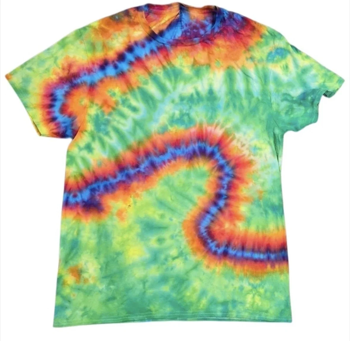 Colorful tie-dye T-shirt with green, yellow, red, blue, and purple swirls and patterns.