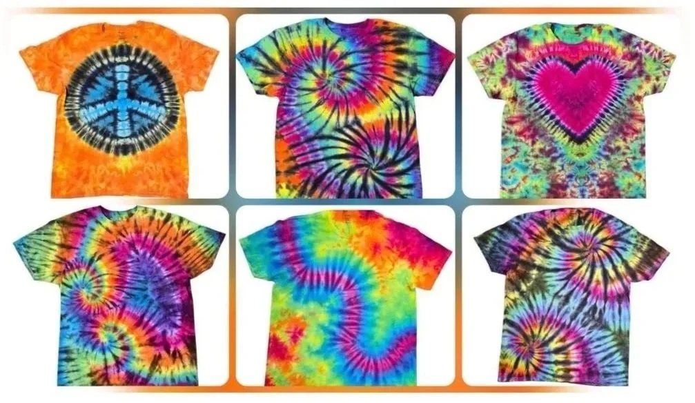 Six colorful tie-dye T-shirts with various rainbow and spiral patterns.