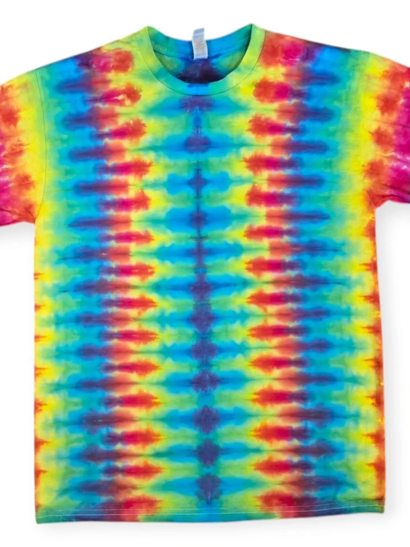 Colorful tie-dye T-shirt with rainbow patterns and symmetrical design.