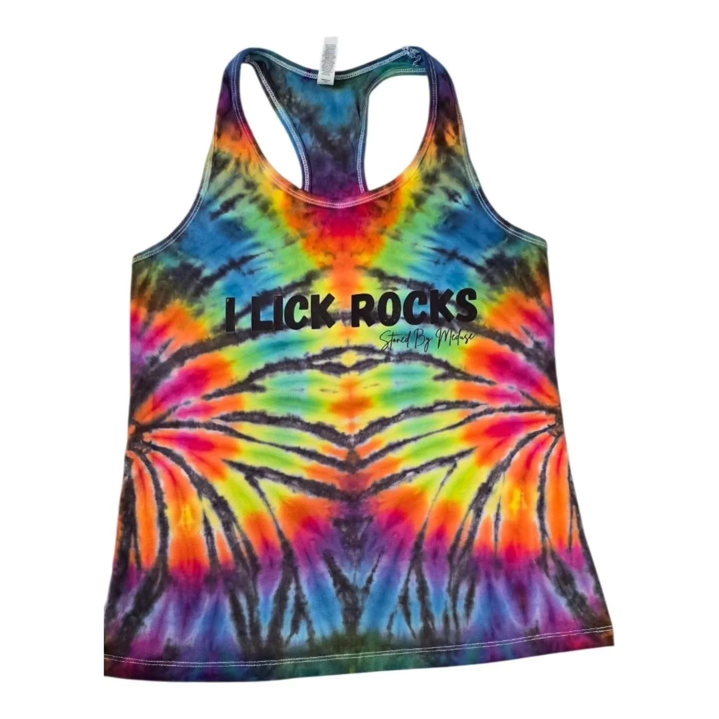 Colorful tie-dye tank top with the phrase "I LICK ROCKS" and smaller text "Stored by Melissa."