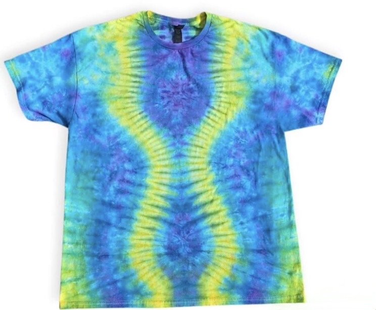Tie-dye t-shirt with a colorful spiral pattern in blue, yellow, and purple.