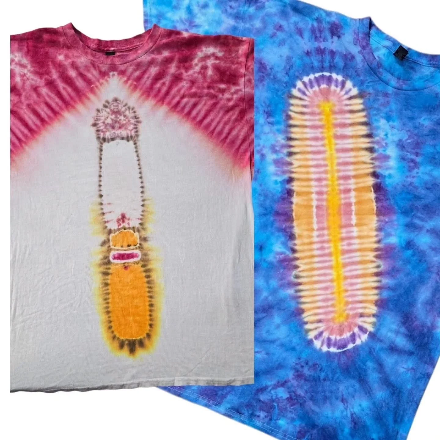Two tie-dye T-shirts with rocket ship designs; one in pink and white with orange, pink, and yellow details, and the other in blue, purple, yellow, and pink.