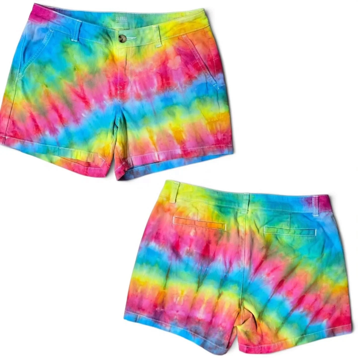 Colorful tie-dye shorts with rainbow pattern, front and back views.