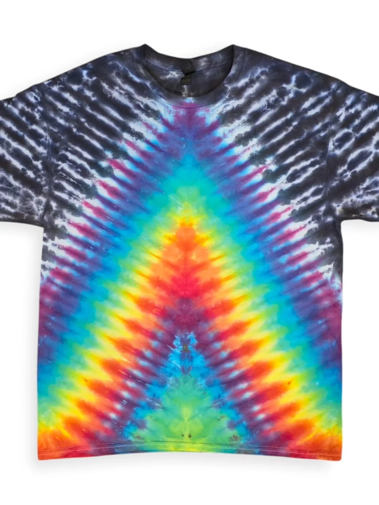 Tie-dye t-shirt with a vibrant rainbow pattern.