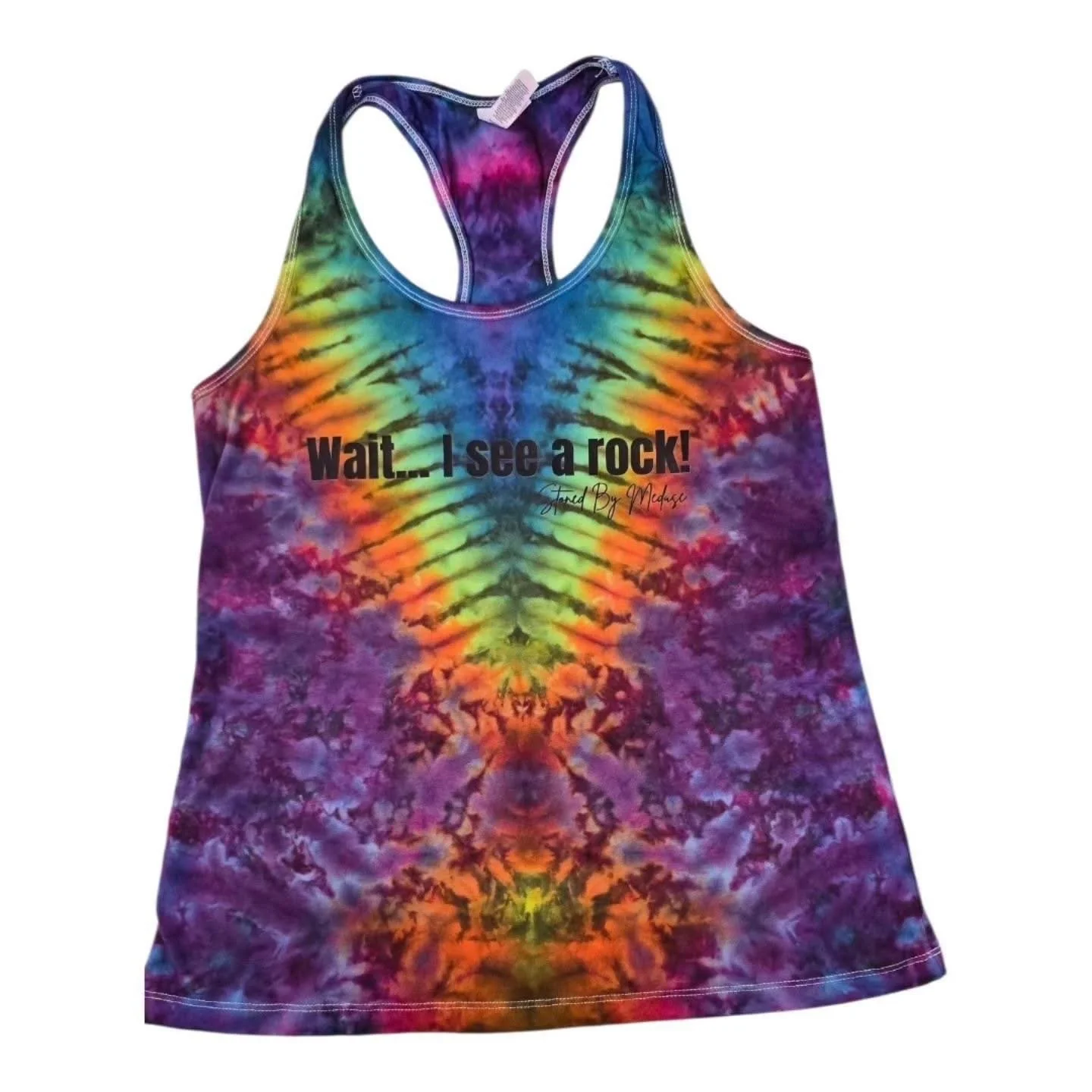 Colorful tie-dye tank top with a rainbow pattern and black text that says, "Wait... I see a rock!" along with a signature underneath.