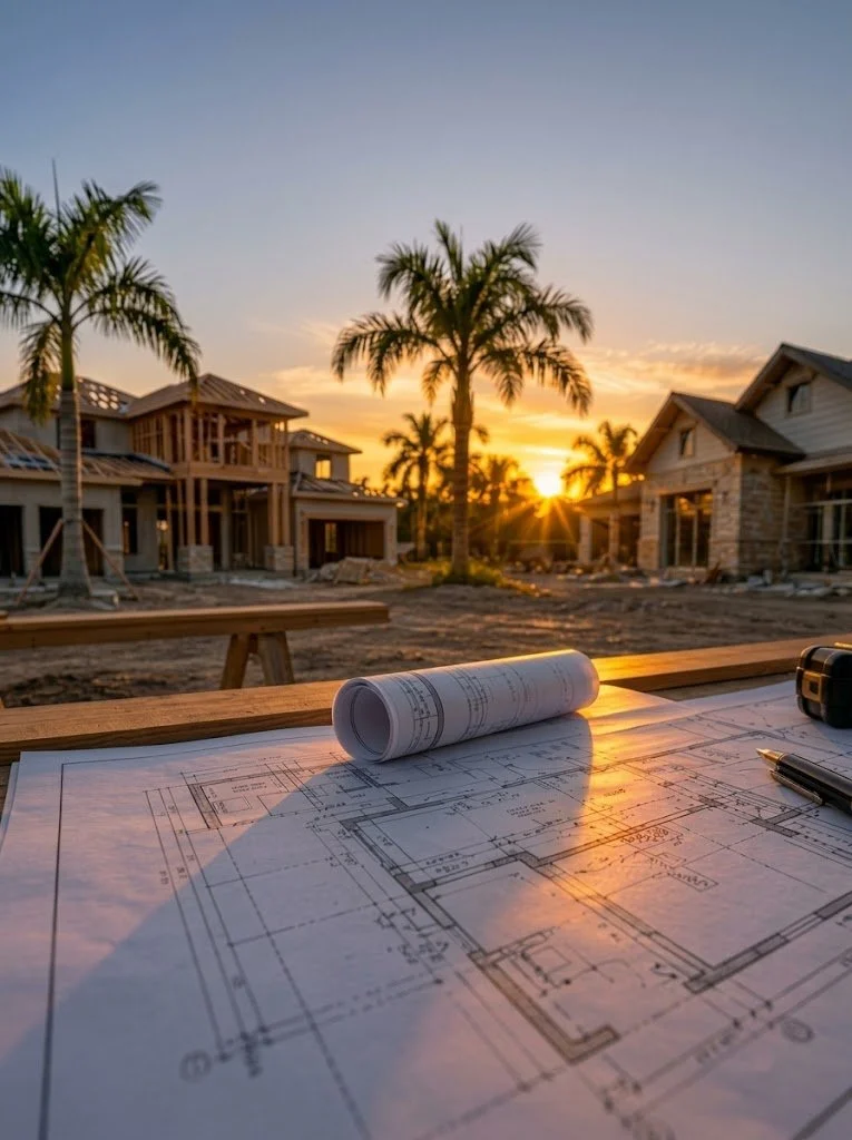 Architectural blueprints on a table at a construction site during sunset; palm trees and houses under construction in the background.