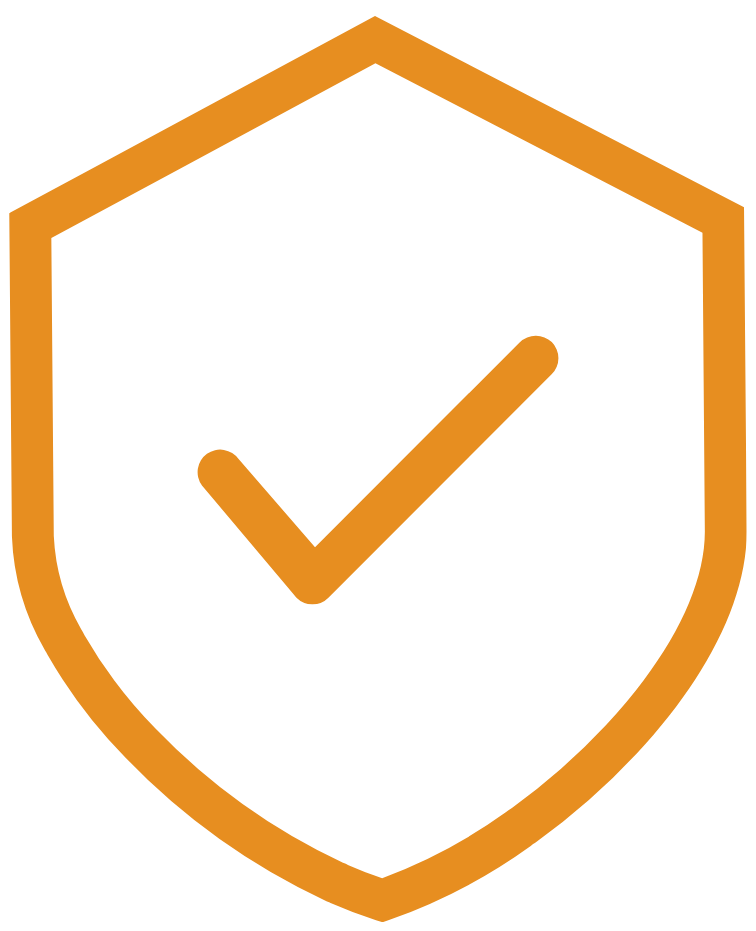 Black shield with orange outline and a check mark in the center.