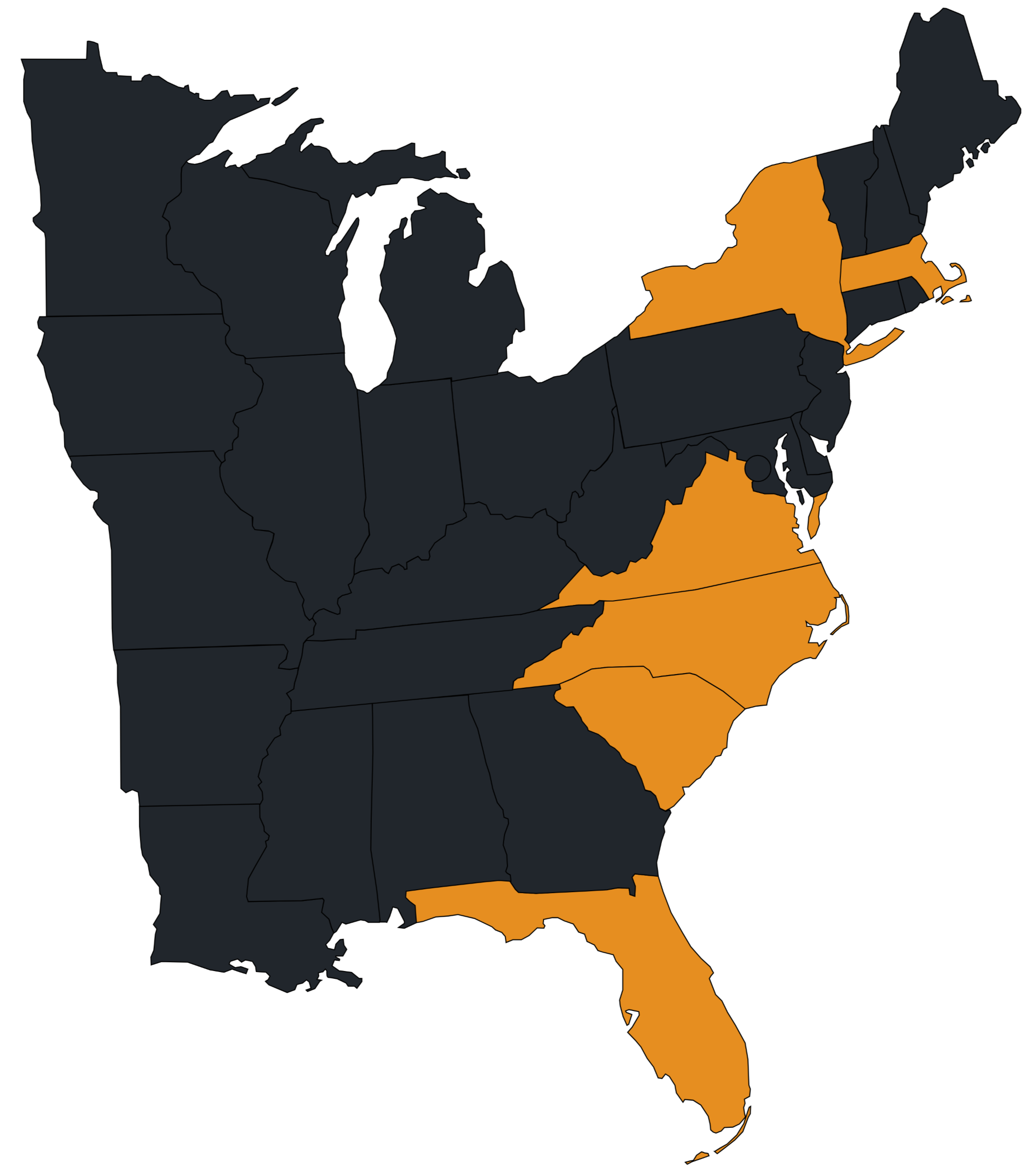 Map of Luminous Properties target real estate markets across the East Coast (NY, FL, NC, SC, VA, MA)