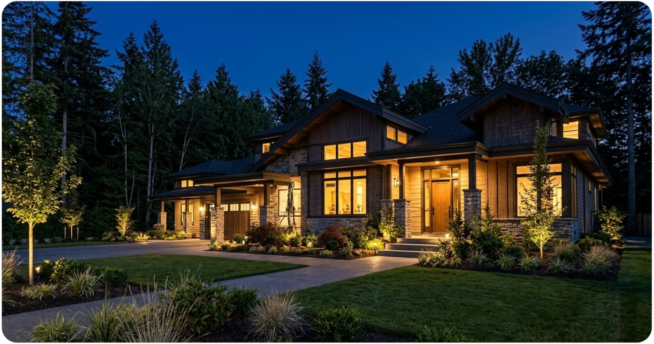 A modern house at dusk with lights on, surrounded by trees and landscaped garden