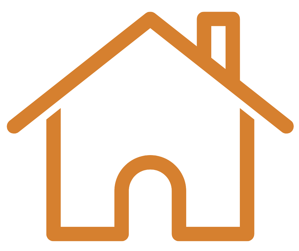 Outline of a house in brown with a roof, chimney, walls, and a centered arched doorway.