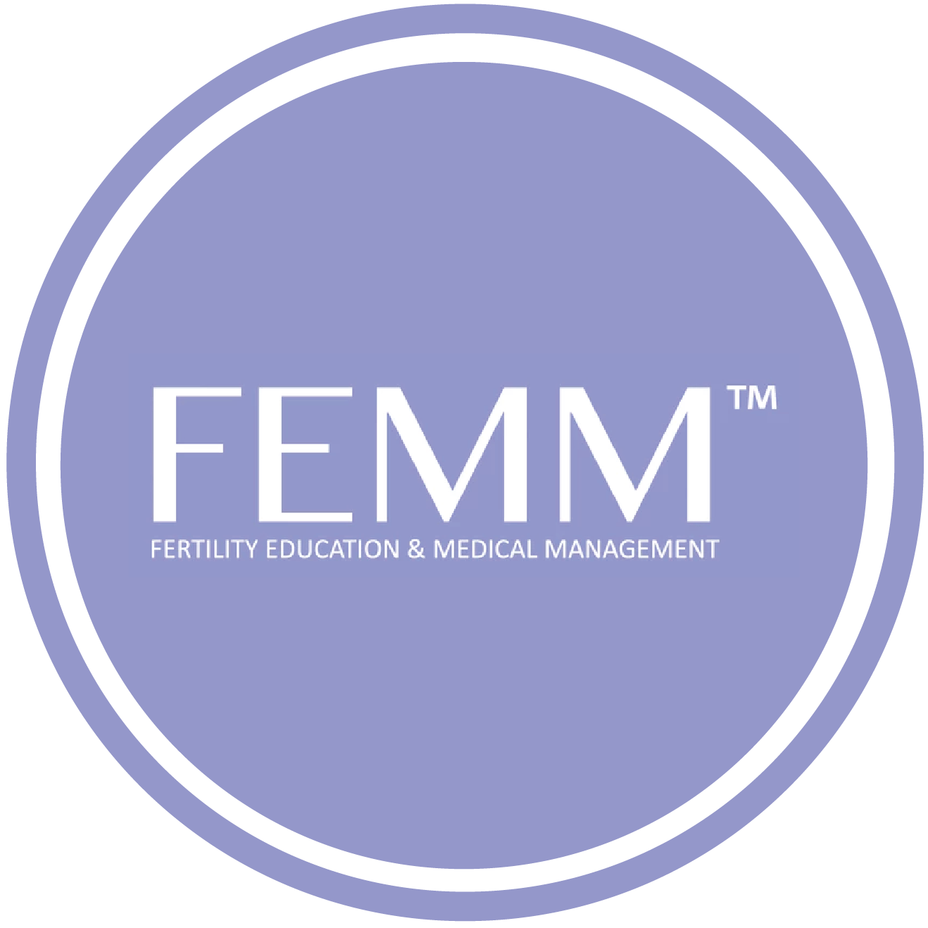 Purple circular logo with white border and text, reads 'FEMM' with subtitle 'Fertility Education & Medical Management'.