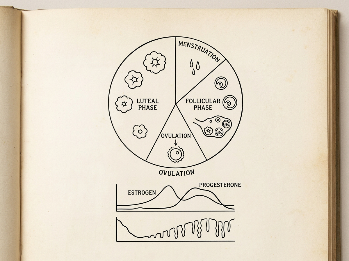 Diagram of the menstrual cycle showing phases: menstrual, follicular, ovulation, and luteal with illustrations of cells and an ovum, plus hormone level charts of estrogen and progesterone.