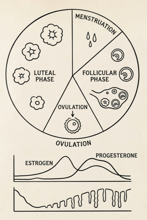 Diagram showing the menstrual cycle phases, including menstruation, follicular phase, ovulation, and luteal phase with corresponding illustrations of the uterus, ovary, and egg. Also includes graphs of estrogen and progesterone levels, and hormonal fluctuations over the cycle.