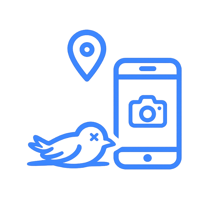 Line drawing of a bird lying next to a smartphone with a camera icon on the screen, a location pin icon above the phone, all in blue outline.