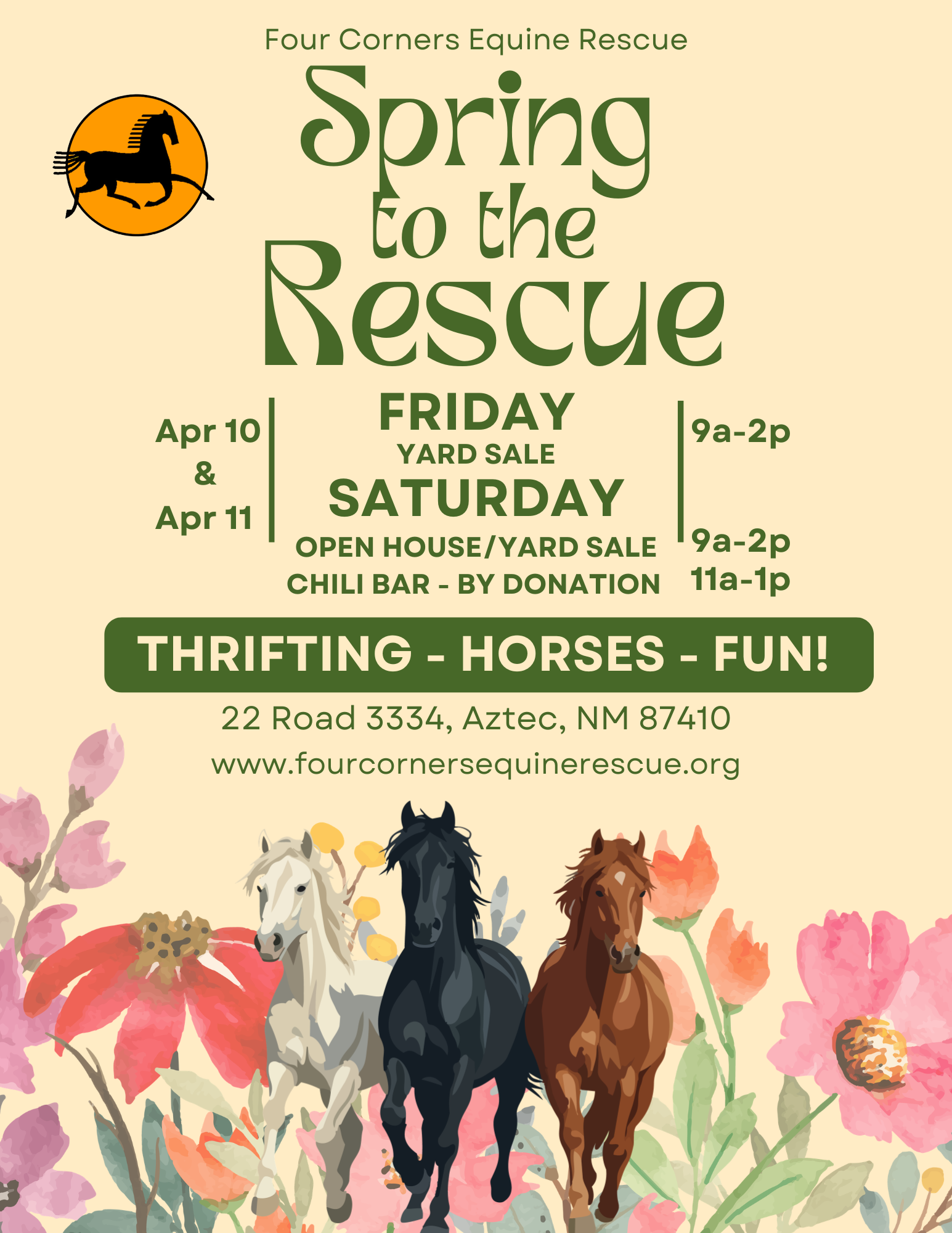 Flyer for Four Corners Equine Rescue Spring to the Rescue event with details of yard sale, open house, chili bar, and fundraising along with illustrations of three horses among colorful flowers.